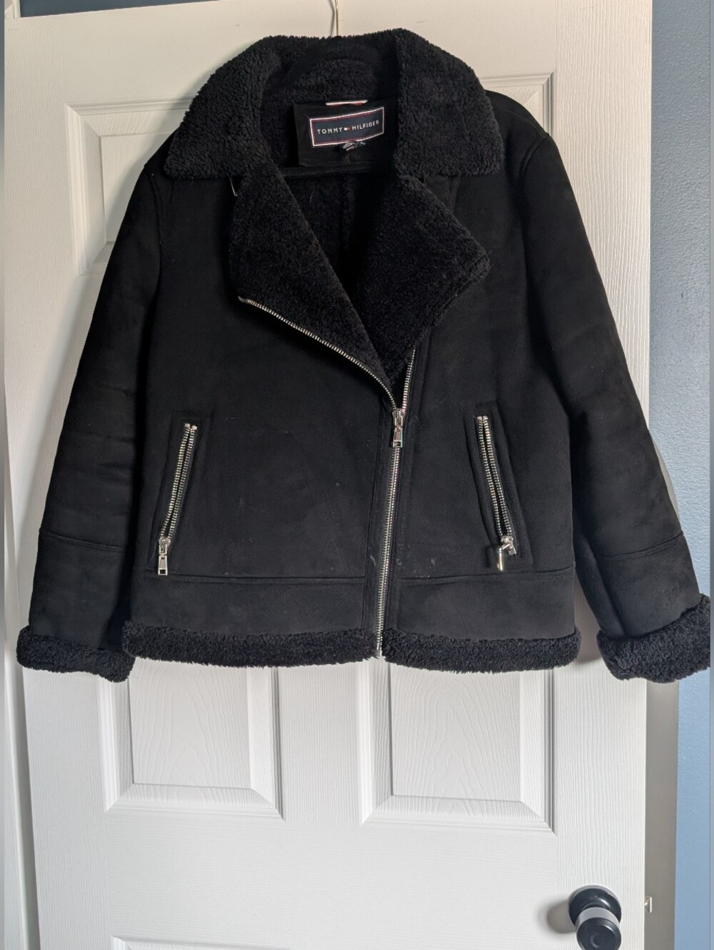 Tommy Hilfiger Black Faux Shearling Zip Moto Jacket